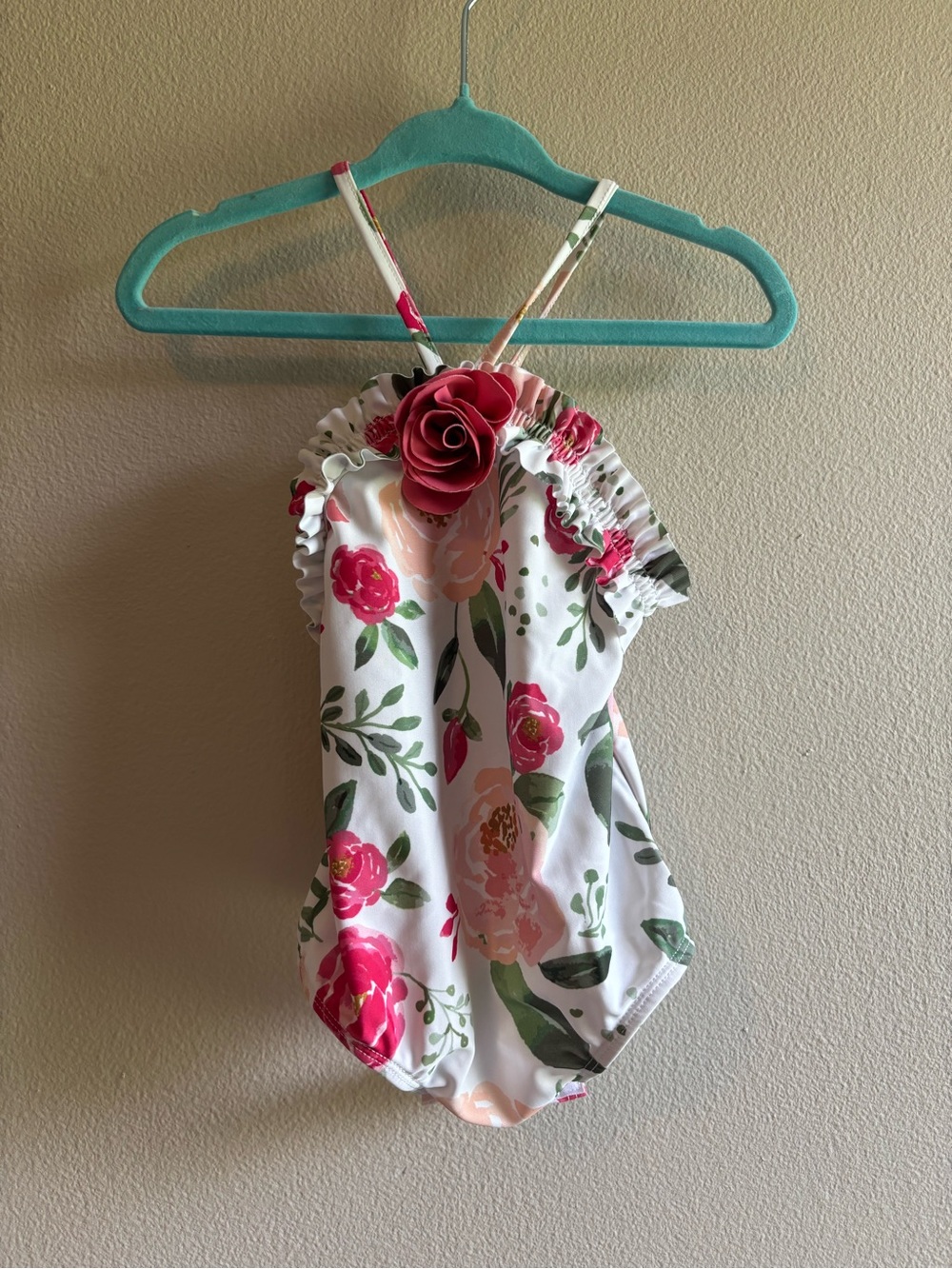 Mud Pie Baby Girls White Floral One-Piece Swimsuit with Pink Rose